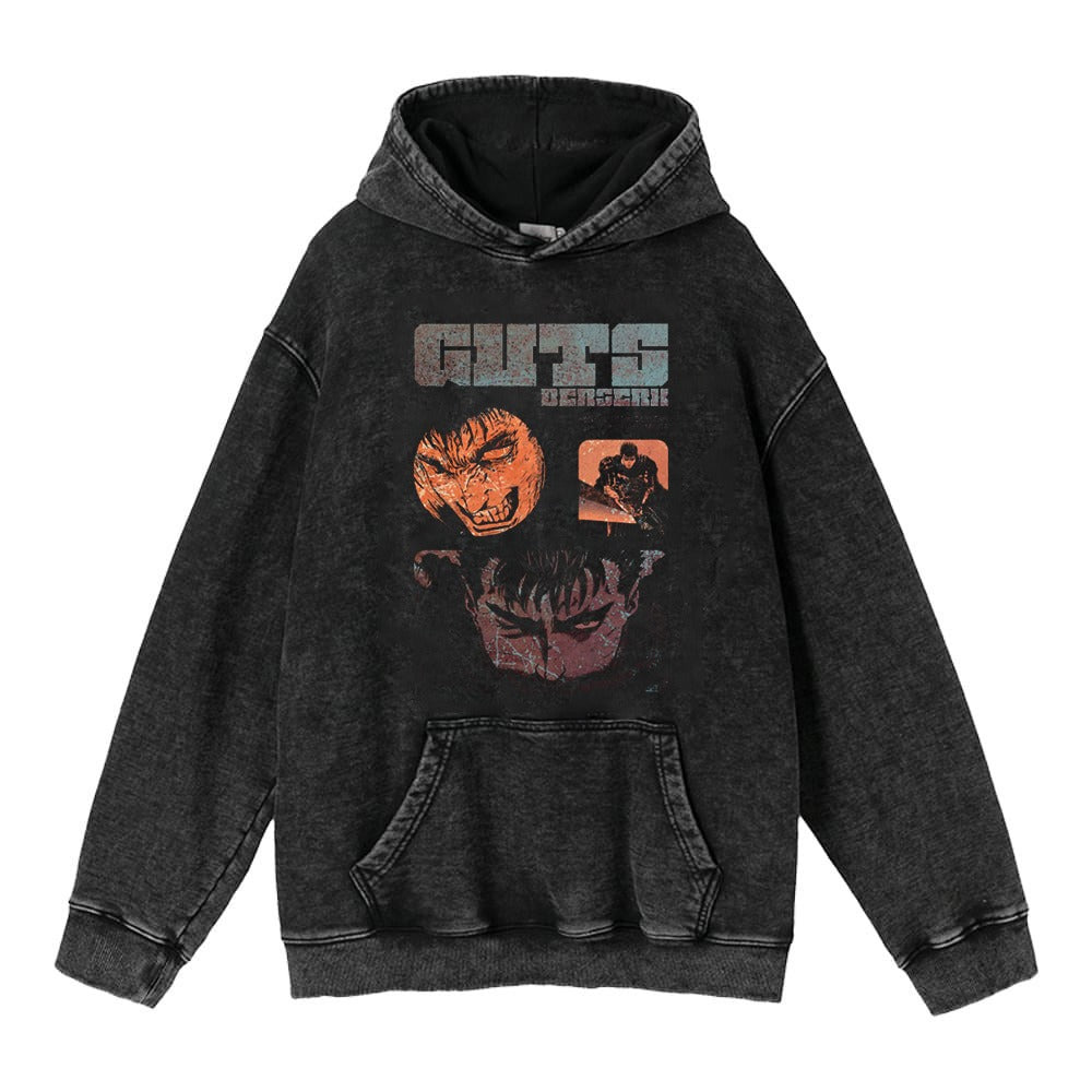440g Heavyweight Washed Worn Berserk Fury Anime Street Retro Cotton Hoodie Street Trendy Hoodie