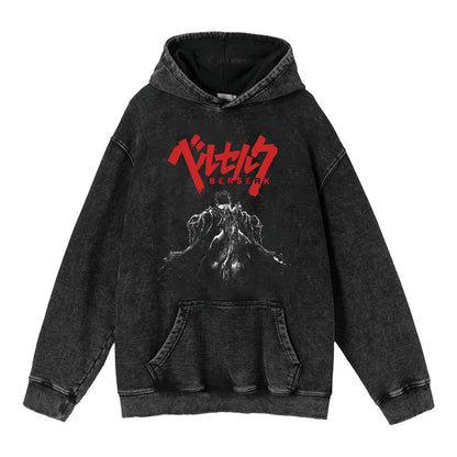 440g Heavyweight Washed Worn Berserk Fury Anime Street Retro Cotton Hoodie Street Trendy Hoodie
