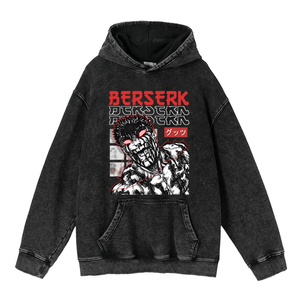 440g Heavyweight Washed Worn Berserk Fury Anime Street Retro Cotton Hoodie Street Trendy Hoodie