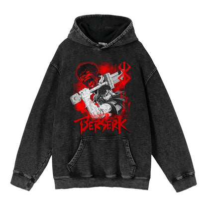 440g Heavyweight Washed Worn Berserk Fury Anime Street Retro Cotton Hoodie Street Trendy Hoodie