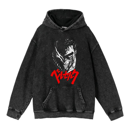 440g Heavyweight Washed Worn Berserk Fury Anime Street Retro Cotton Hoodie Street Trendy Hoodie