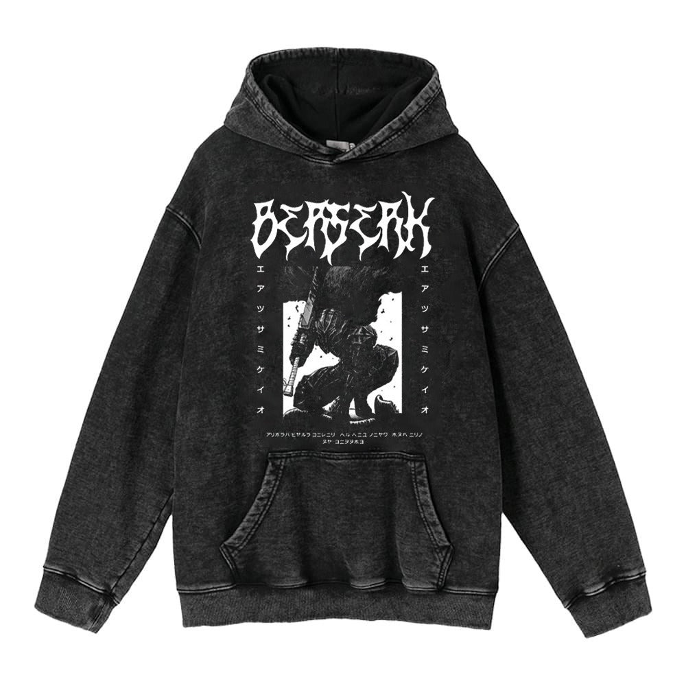 440g Heavyweight Washed Worn Berserk Fury Anime Street Retro Cotton Hoodie Street Trendy Hoodie