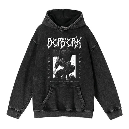 440g Heavyweight Washed Worn Berserk Fury Anime Street Retro Cotton Hoodie Street Trendy Hoodie